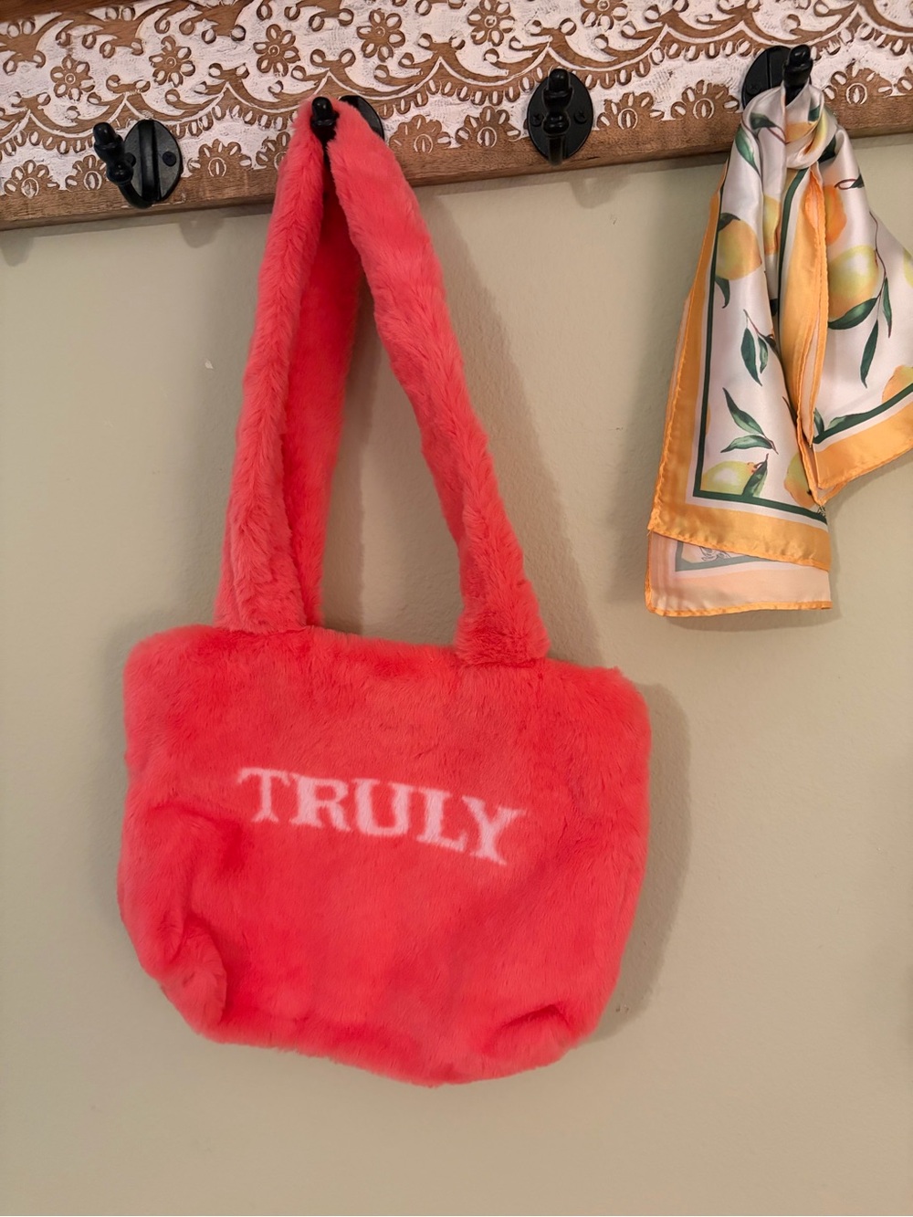 TRULY Coral Pink Faux Fur Tote - Plush Logo Shoulder Bag